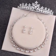 

Bride Diaries Wedding Accessories Simulated Pearl Tiara Crown Earrings Necklaces Set Silver Plated Bridal Jewelry Sets