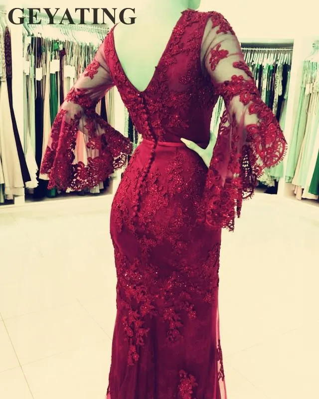 2019 Elegant Lace Mermaid Arabic Evening Dress Long Sleeves V-Neck Hunter Green Burgundy Royal Blue Silver Formal Prom Dresses