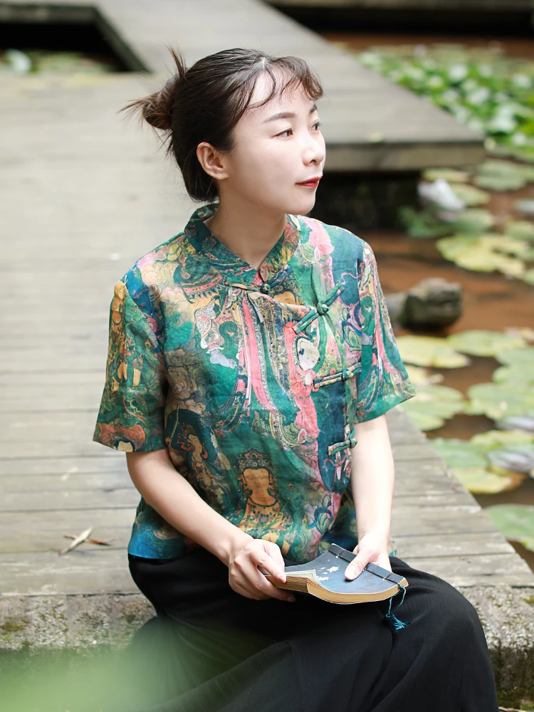 LZJN Summer Blouses Women 2019 Short Sleeve Chinese Style Women Shirts Short Buddha Printed Cheongsam Zen Tops (15)
