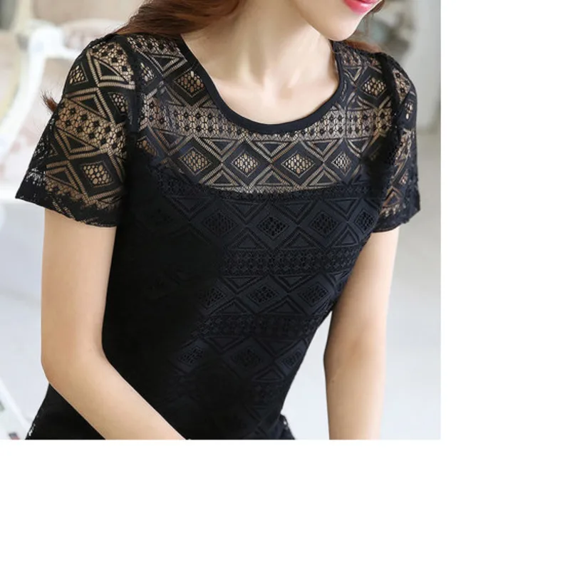 Ladies office Shirt Women White Lace Blouse Short Sleeve Plus Size Korean Crochet Hollow Out Tops Camisas Femininas Qz*