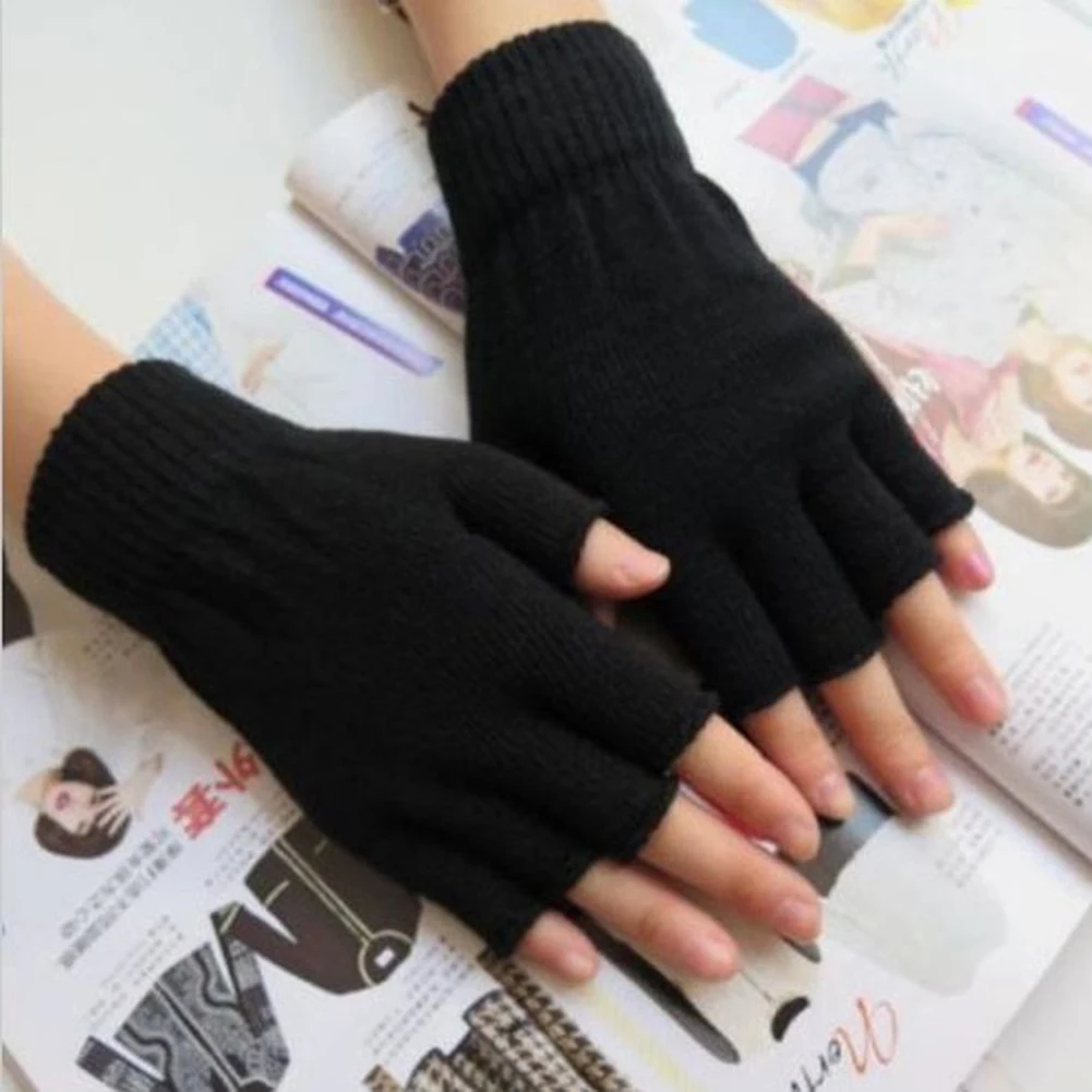

Black Short Half Finger Fingerless Wool Knit Wrist Glove Winter Warm Workout For Women And Men