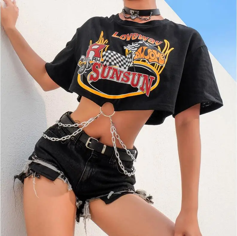 Summer women's new funny print short-sleeved chain exposed navel T-shirt