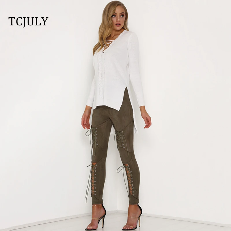 TCJULY новые зимние сексуальные замшевые женские брюки с завязками крест-накрест Выдалбливают дамские брюки однотонные узкие брюки-карандаш
