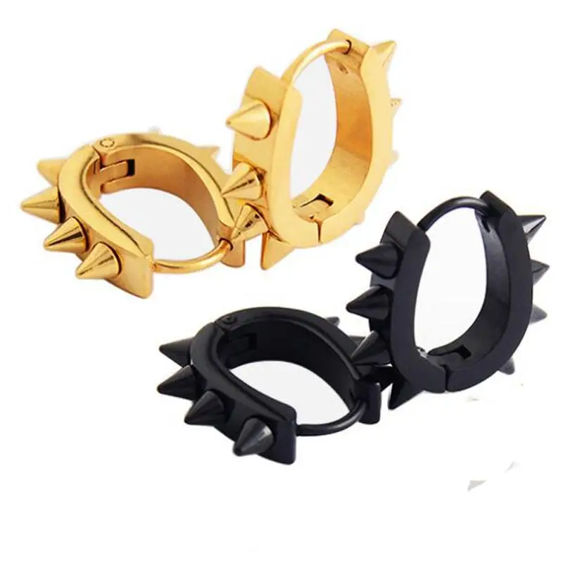 

2 pieces Gold Punk Rock huggie Spike Hoop Earring Round Stainless Steel Spike Punk Jewelry