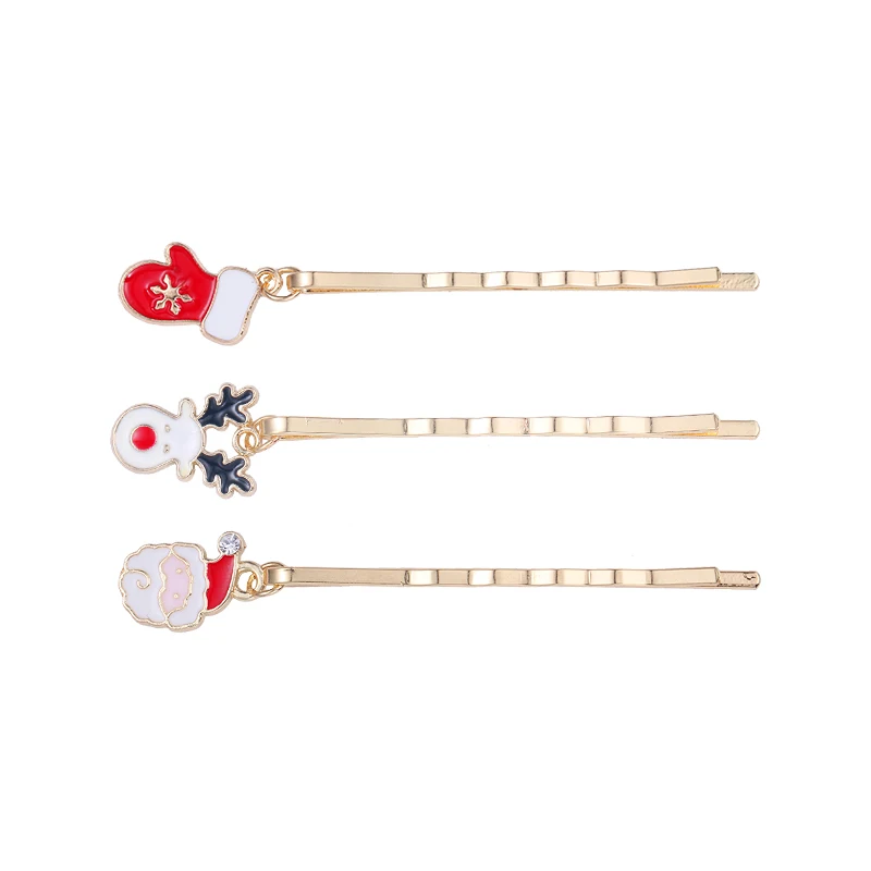 

baiduqiandu Brand Set of 3 PCS Enameled Christmas Glove Deer and Santa Claus Hairpins for Women or Girls