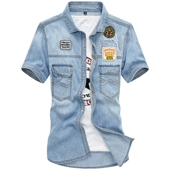 

Men Blue Denim Shirts New Summer Thin Short sleeve Jean Shirts Good Quality Men Cotton Casual Shirts cowboy Shirts