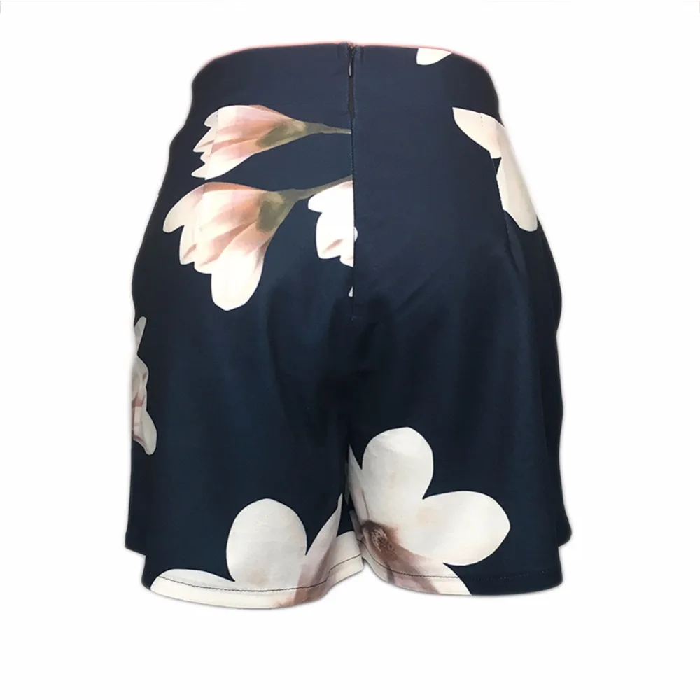 Новые женские летние шорты с цветочным принтом темно-синего цвета с высокой талией, повседневные шорты с карманами на молнии сзади, пляжные Мини-шорты
