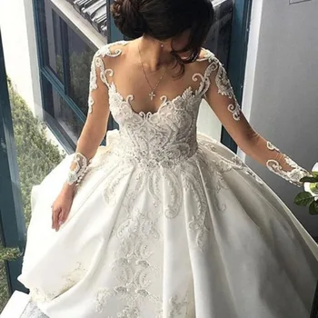 شراءفساتين زفاف إسلامية جديدة فاخرة 2019 رقبة وهمية وأكمام طويلة ذيل شابيل زينة تول A-line فساتين زفاف Vestidos