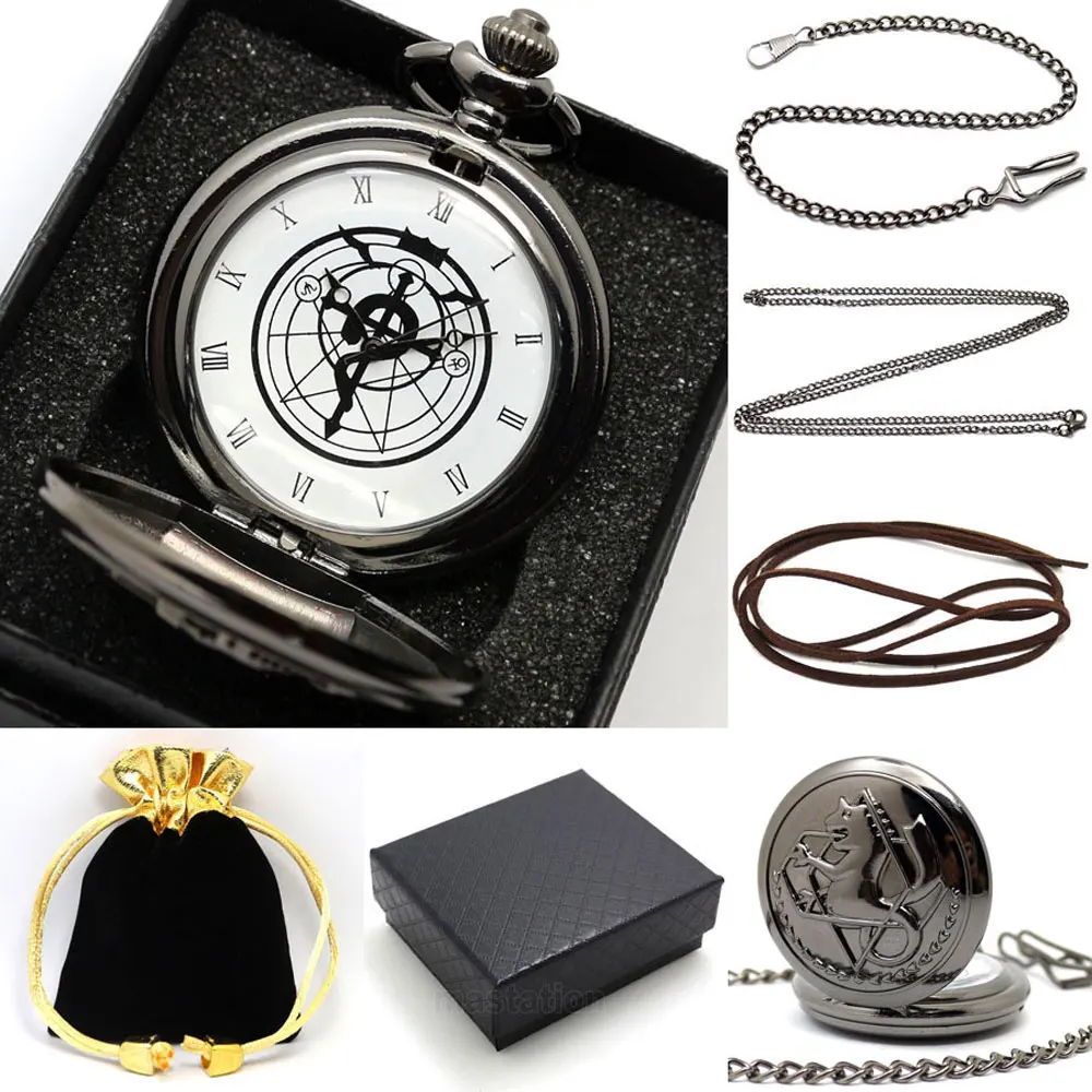 Luxury Gift Set Fullmetal Alchemist Quartz Pocket Watch Kit With Necklace Leather Chain Box Bag For Men Women Luxury Gift Set Fullmetal Alchemist Quartz Pocket Watch Kit With Necklace Leather Chain Box Bag For Men Women