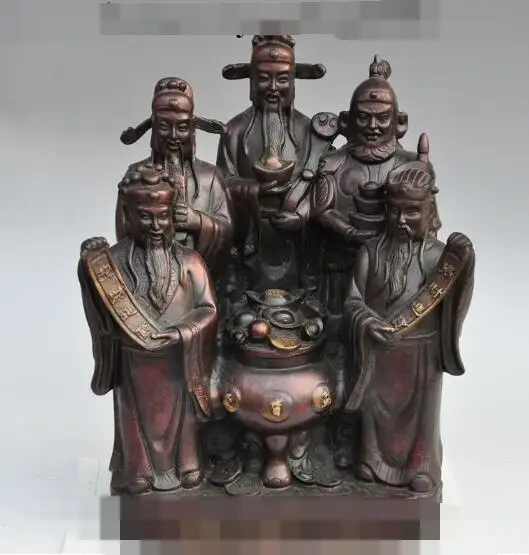 

S01927 12" Chinese Bronze Wealth 5 Mammon god Treasure Bowl Hold Ru Yi Yuanbao Statue (B0413)
