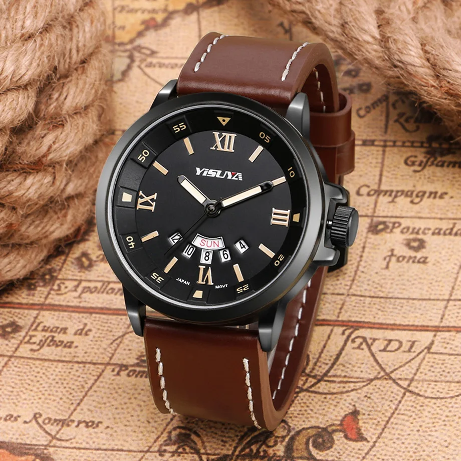 YISUYA Top Mens Watches Date Week Display Quartz Wristwatches Men Military Pilot Roman Numbers Male Sports Genuine Leather Clock (10)