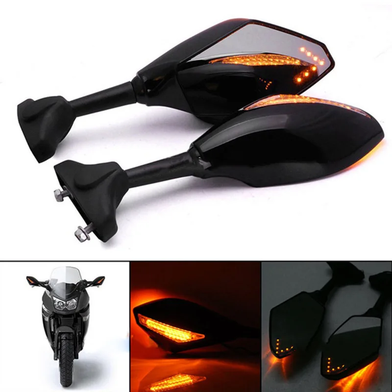 

2pcs Motorcycle Rearview Mirrors Black With LED Turn Signal For Honda Kawasaki Suzuki DXY88
