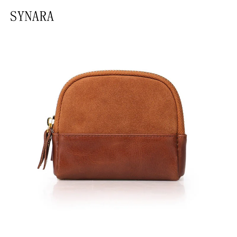 Unisex Cow Leather Key Card Holder Bag Small Wallet Zip Around Brown Coin Purse