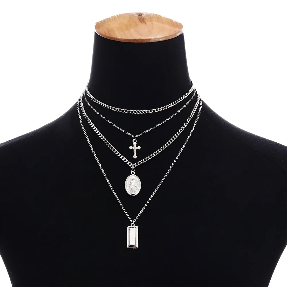 Ingesight многослойный Крест Девы Марии кулон цепь чокер ожерелье богиня прямоугольная подвеска христианское ожерелье для женщин - Окраска металла: Silver Color