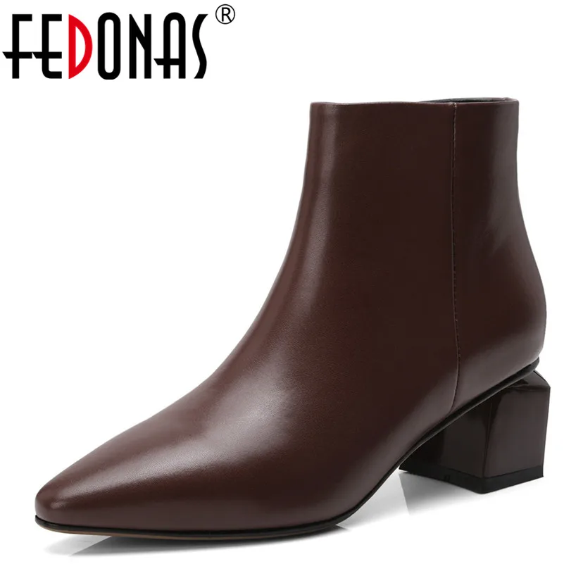 

FEDONAS New Arrival Women Ankle Boots Genuine Leather Autumn Winter Warm High Heels Shoes Round Toe Concise Quality Shoes Woman