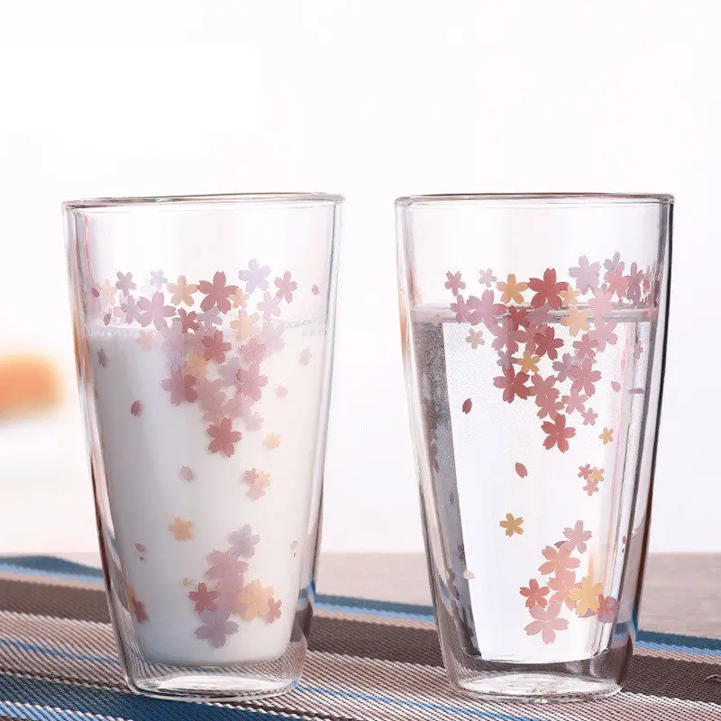 

New arrival Sakura Double Glass Tea Juice Drink Milk Cup Heat Insulation Transparent Cherry Glass Festival Party Gift