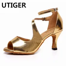 Женская обувь для латинских танцев; золотистая Обувь для бальных танцев, сальсы, социальных вечеринок; женская обувь для самбы, танго, танцев; обувь для тренировок; Каблук 7,5 см