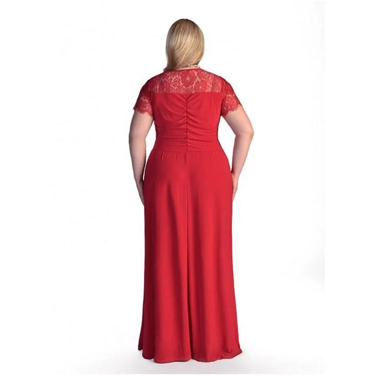 Party Longo Vestidos Big Women Black Lace Yoke Ruched Twist High Waist Plus Size Gown Dress with Short Sleeve (5)
