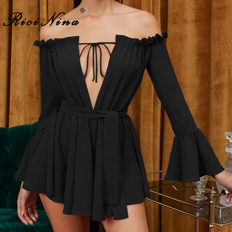 RICININA 2019 Women Dress Woman Slash Neck Long Flare Sleeve Mini Dress Woman Summer Loose Bandage Sexy Party Dress Vestidos