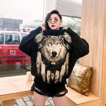 

2020 winter new sweater tide brand sequins wolf head turtleneck sweater women's loose short section was thin street wind sweater