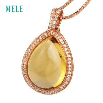

MELE Natural yellow citrine silver pendant, pears in 12mm*15mm, cabochon cutting, dark yellow color, classical pendant