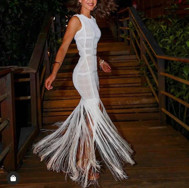 

Tassels Design White bandage dress Sexy Night Party Women Dresses Floor Length Bodycon Dresses