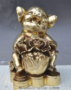 

statue Crafts statue chinese fengshui brass Auspicious wealth yuanbao money coin Swine pig statue halloween