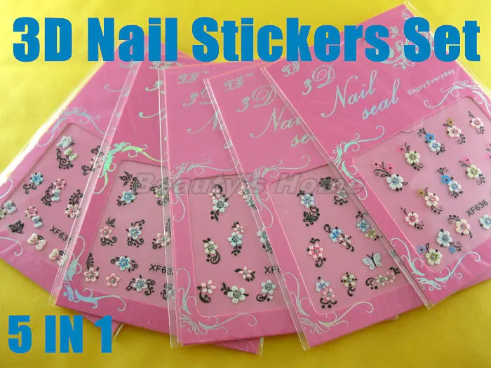 5 in 1 nail designs adhesive 3D Nail Stickers decals Art Decoration different pattern Free shipping #1563 | Красота и здоровье