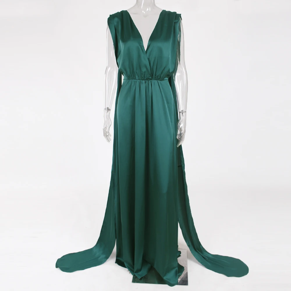 Пустотелый без спинки сексуальные макси-юбка зеленое Shinyатлас платье атласное DIY ремень долгоDress платье летнее женское