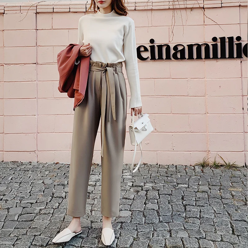 BGTEEVER High Waist Sashes Women Suit Pants Pockets Ankle