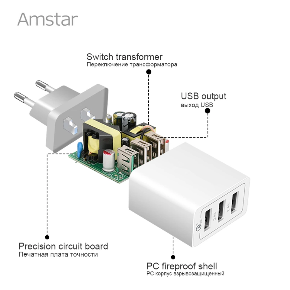 Amstar 30 Вт Быстрая зарядка 3,0 USB зарядное устройство QC3.0 3 порта EU/US дорожное настенное зарядное устройство для iPhone 11 Pro X XR XS 8 samsung S10 Plus S9