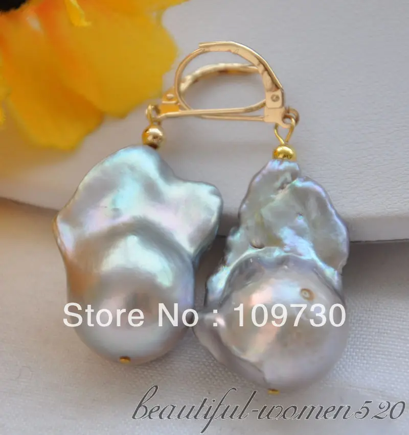 

ry0099 26mm baroque gray keshi reborn pearl dangle earring 14k/20