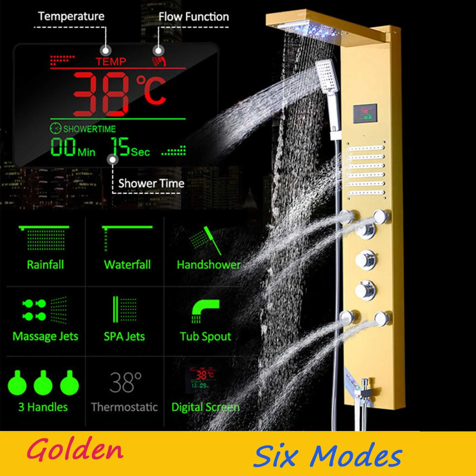 Матовый никель ванная душевая панель колонна светодиодный дождь смеситель для душа, водоспад набор тройных ручек с Массажная струя и ванна носик - Цвет: gold
