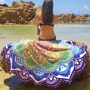 

NEW Microfiber Printed Round Beach Towel Tapestry Wall Hanging Blanket Seaside Vacation Camping Mat Mandala Tassel Large