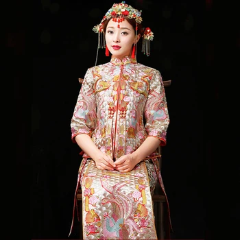 

China Style wedding dress Bridal Gown Embroidery cheongsam Elegant toast suits Overseas Traditional bride Qipao Dresses womens