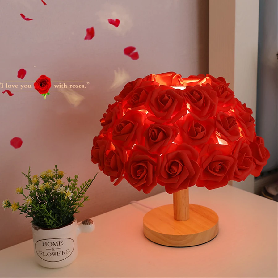 

Thrisdar Romantic Rose Flower Table Lamp Wooden Warm Roses Bedside Sleeping Night Light Wedding Valentine's Day Gift Lamps