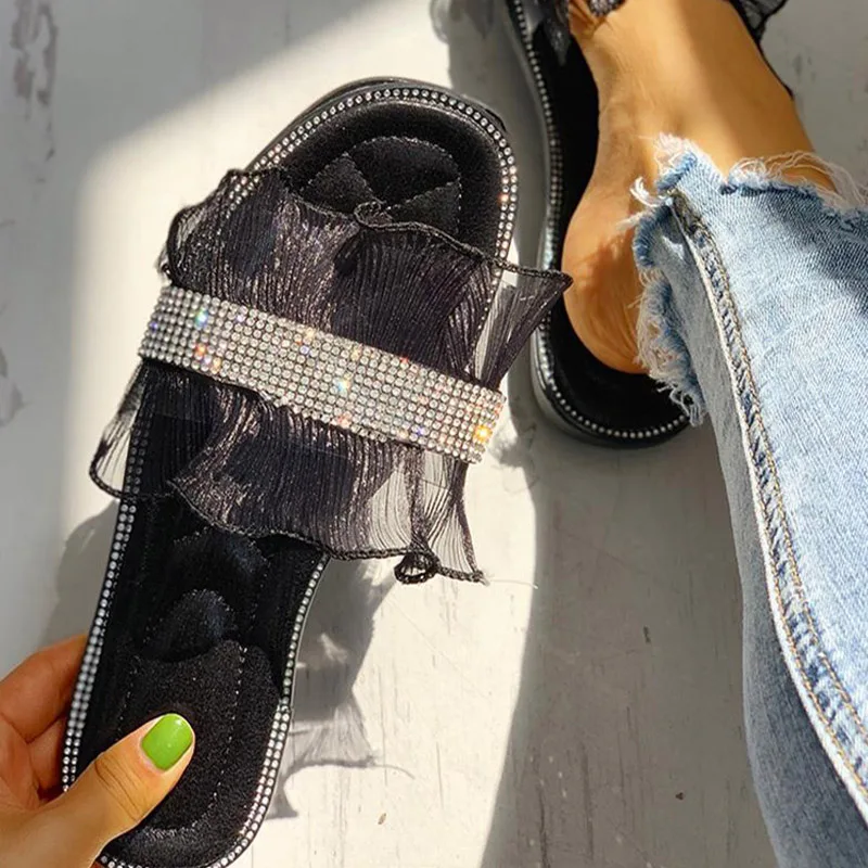 

Women Summer Slippers Bling Lace Ruffles Flat Square Open Toe Non Slip Glitter Ladies Slides Bling Casual Fashion Female Shoes