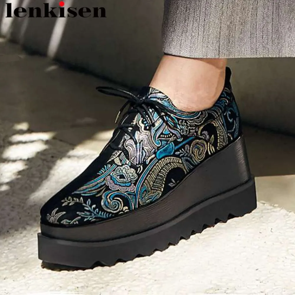 

Lenkisen punk ethnic style embroidery high wedges bottom platform mixed colors genuine leather square toe daily wear pumps L18