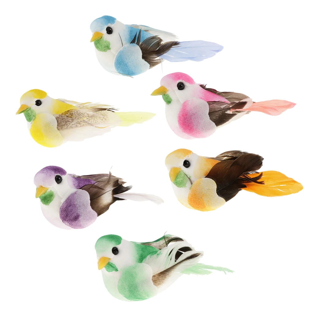 6Pieces Cute Small Artificial Feather Bird Foam Birds Photo Props Home Table Garden Bonsai Decor