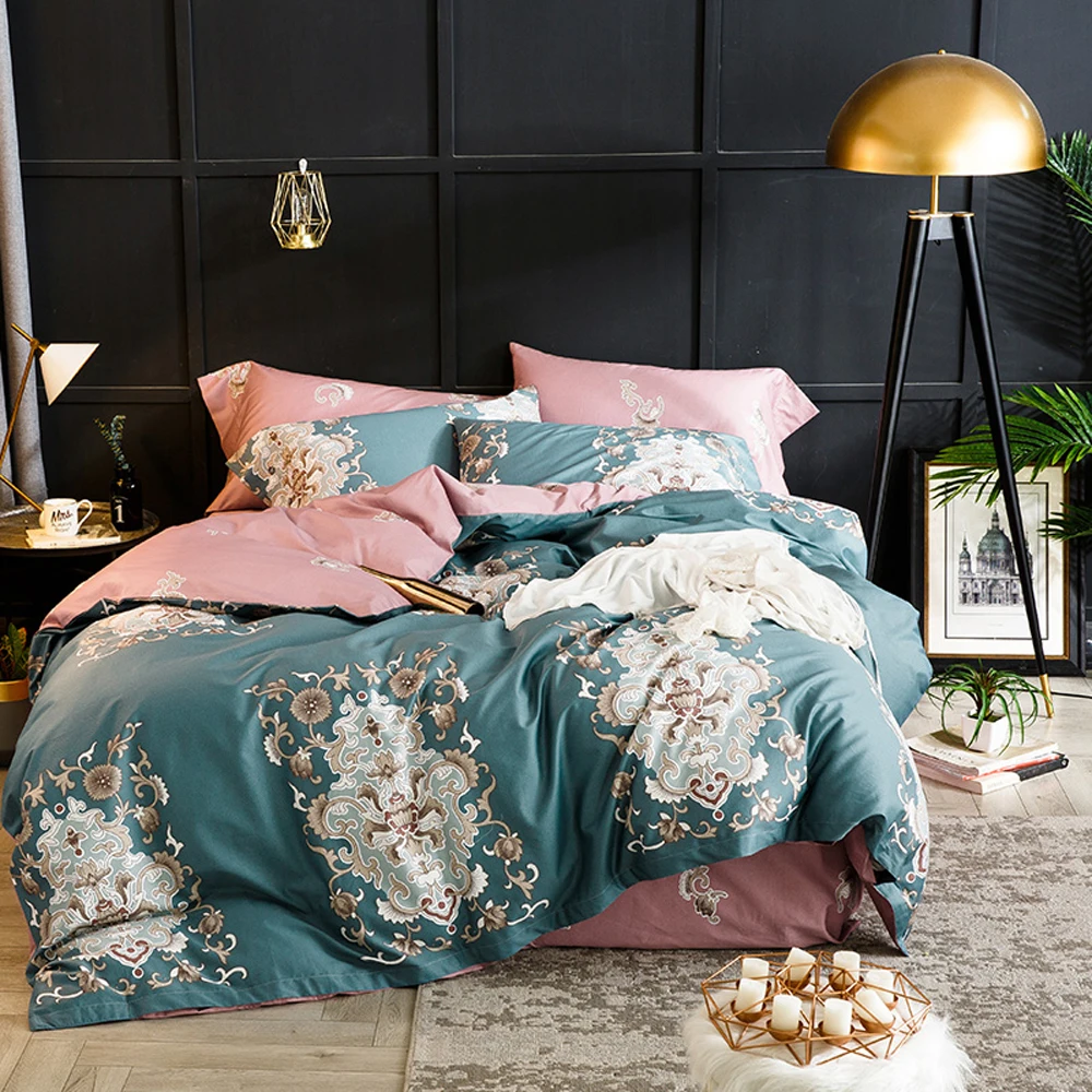 

2018 European Dark Green Pink Duvet Cover Set Soft Egyptian Cotton Bed Cover Queen King Bedlinens Sheet Pillowcases