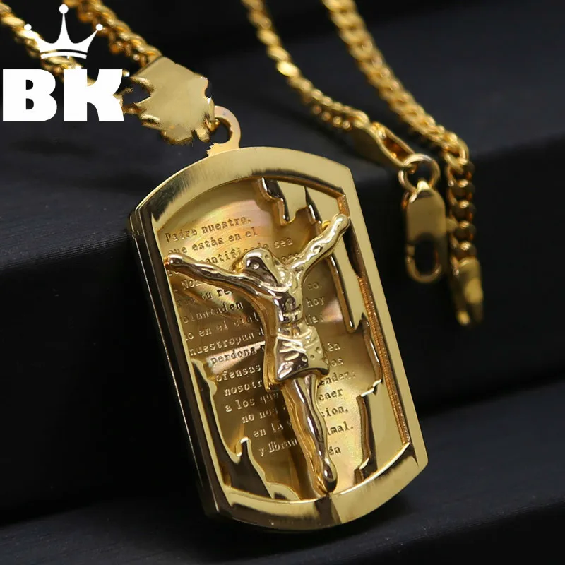 

Hip Hop Catholic Jesus Medal Pendant Stainless Steel Gold Color Religious Jesus Bible Medal Pendant For Men Women Free Chain