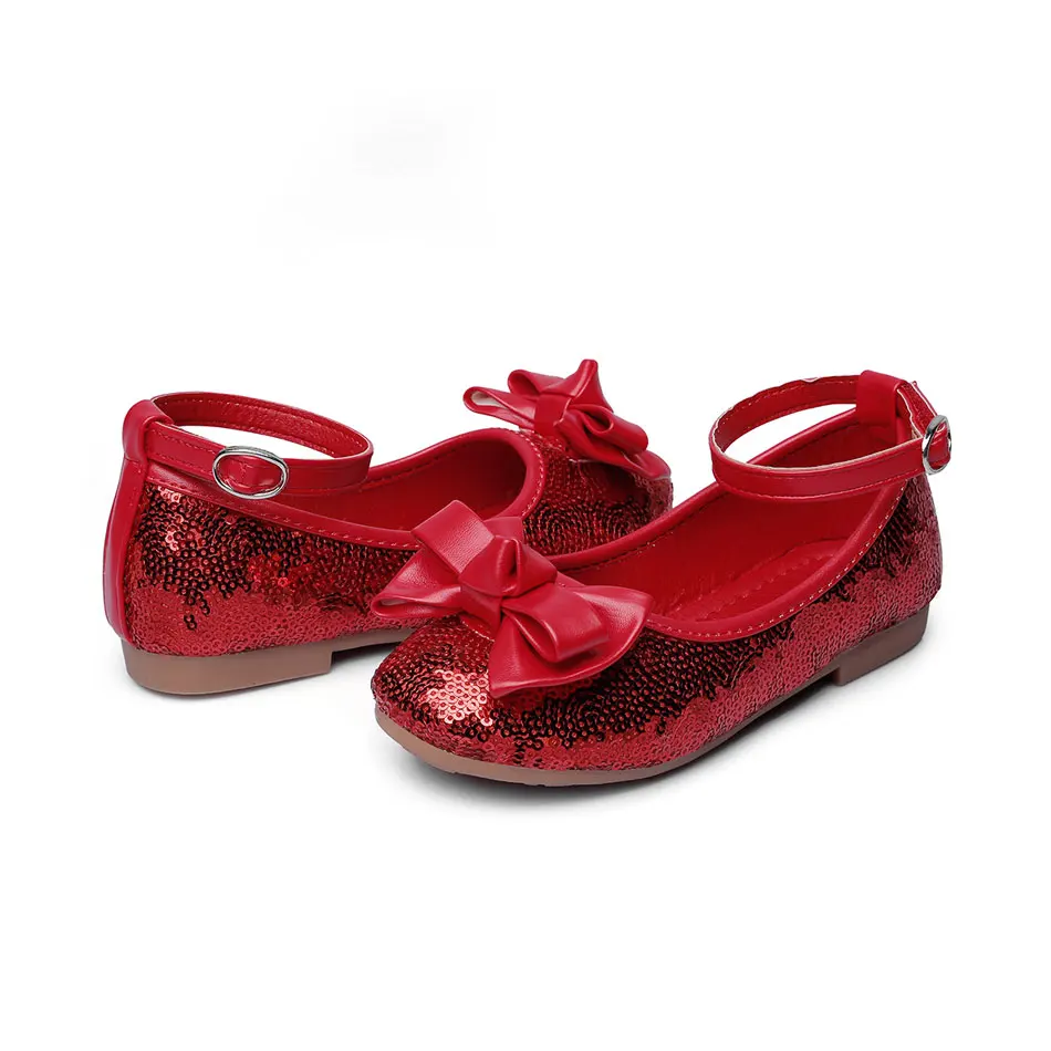 MSMAX/детская обувь; Блестящие Туфли-оксфорды на плоской подошве с блестками и бантиком-бабочкой; вечерние туфли принцессы для девочек; Детские свадебные тонкие туфли - Цвет: Red