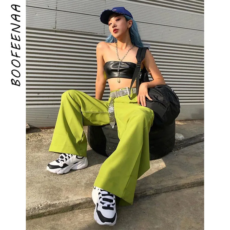 

BOOFEENAA Neon Green High Waist Wide Leg Pants Women Cargo Pants Streetwear Harajuku Palazzo Pants Summer Trousers C87-AF99