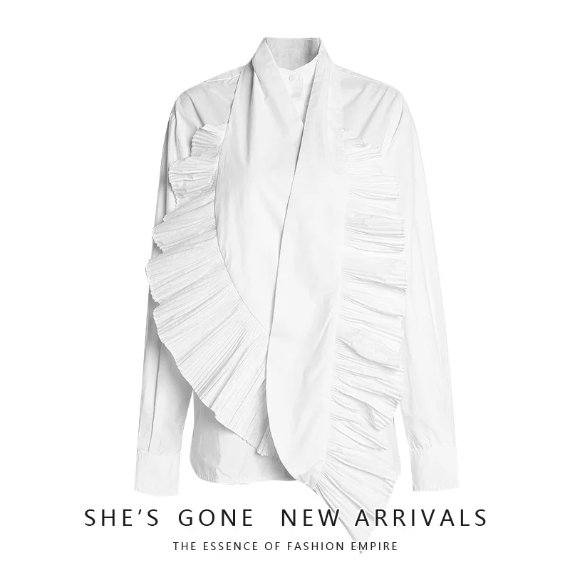 

European station 2019 early spring new fashionable pleated design cotton white shirt LL002