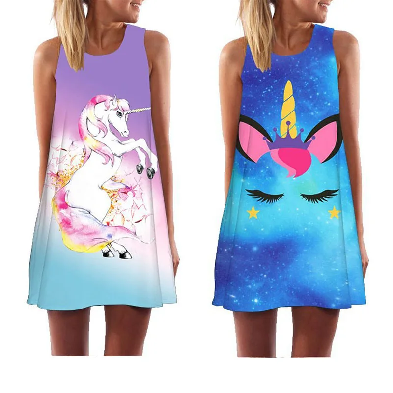

chuqian New Arrival Women Summer Dress Lady Loose Casual Beach Wear Cartoon Print Short Dress Above Knee Vestidos De Verano