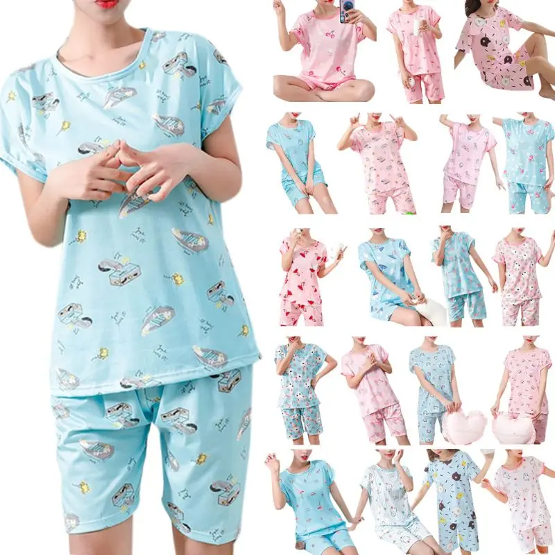 Для женщин обувь для девочек летние пижамы комплект короткий рукав пуловер Топы корректирующие свободные шорты мультфильм полос