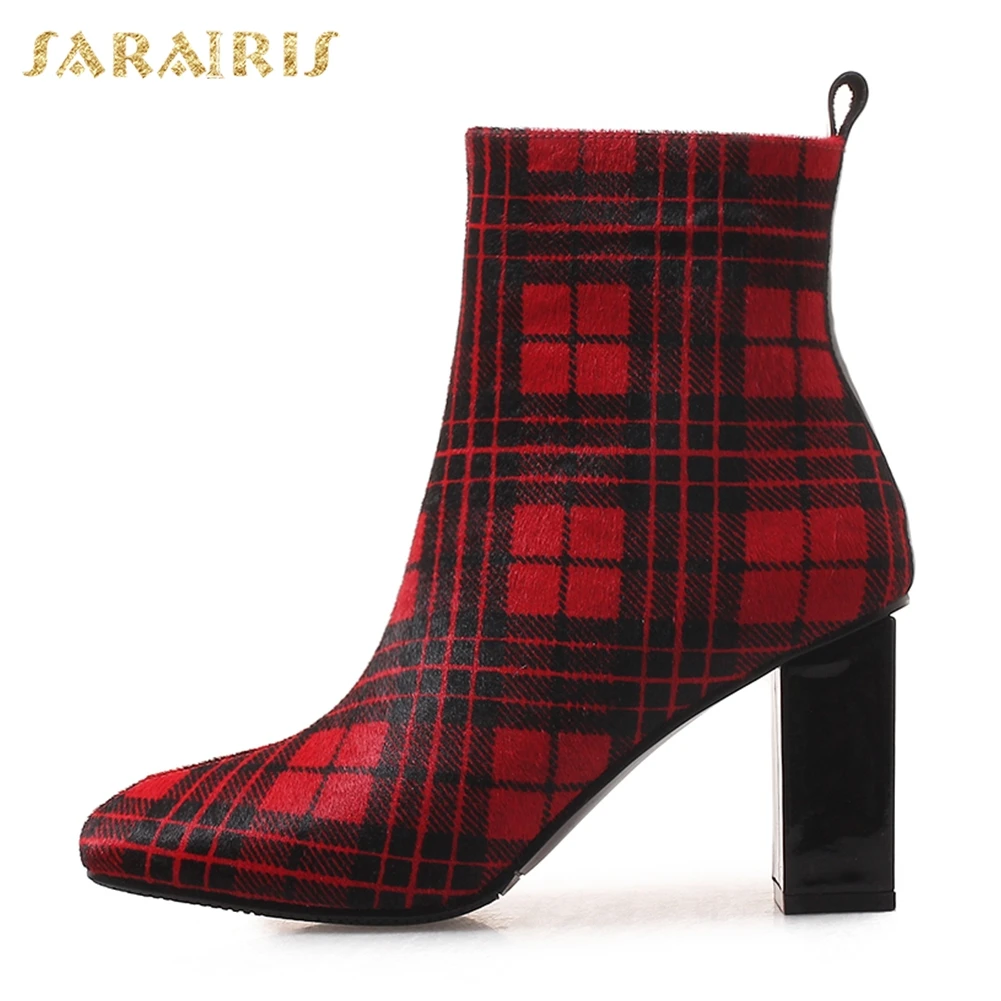 Heels Without blue Fur Frauen Zip Blau Blue red Frau Rot Großhandel Schuhe Neue With Fur Fur High Rosshaar Up Chunky Sarairis Ankle Stiefel RqPaW