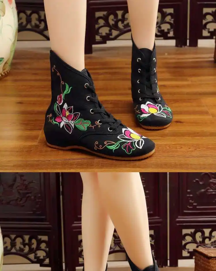 Теплые короткие плюшевые зимние ботильоны женская обувь в стиле «Старый Пекин» Женская обувь с вышивкой Женская обувь в национальном стиле