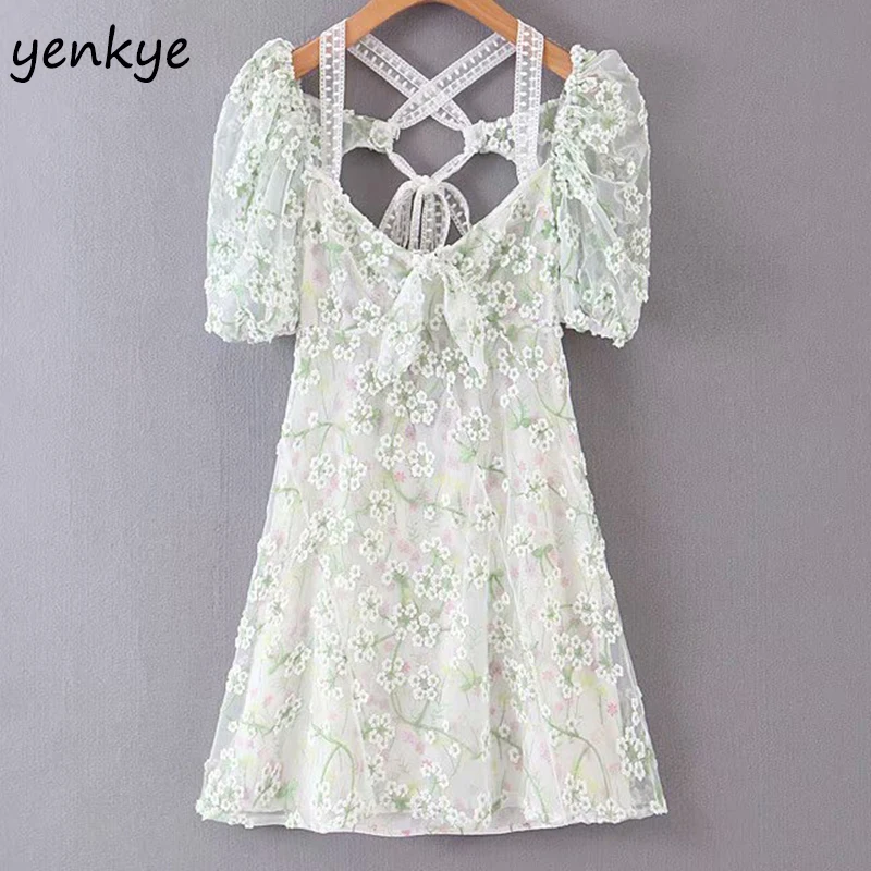 

2019 Women Mesh Embroidered Patchwork Summer Chiffon Dress Elegant Lady Short Sleeve V Neck Sexy Backless Party Mini Dress