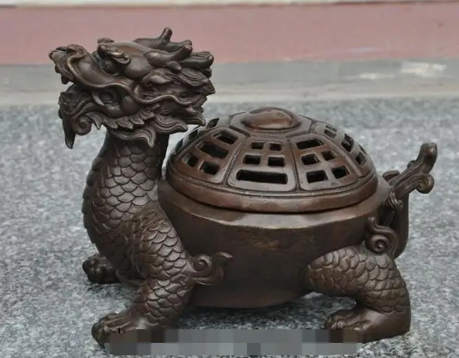 

S01704 8"chinese bronze Longevity dragon turtle Tortoise statue incense burner Censer B0403
